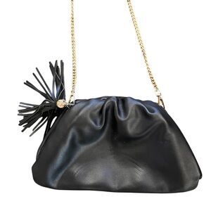 Understated Faux Leather Black Ruched Frame Clutch Pouch Handbag with Gold Chain